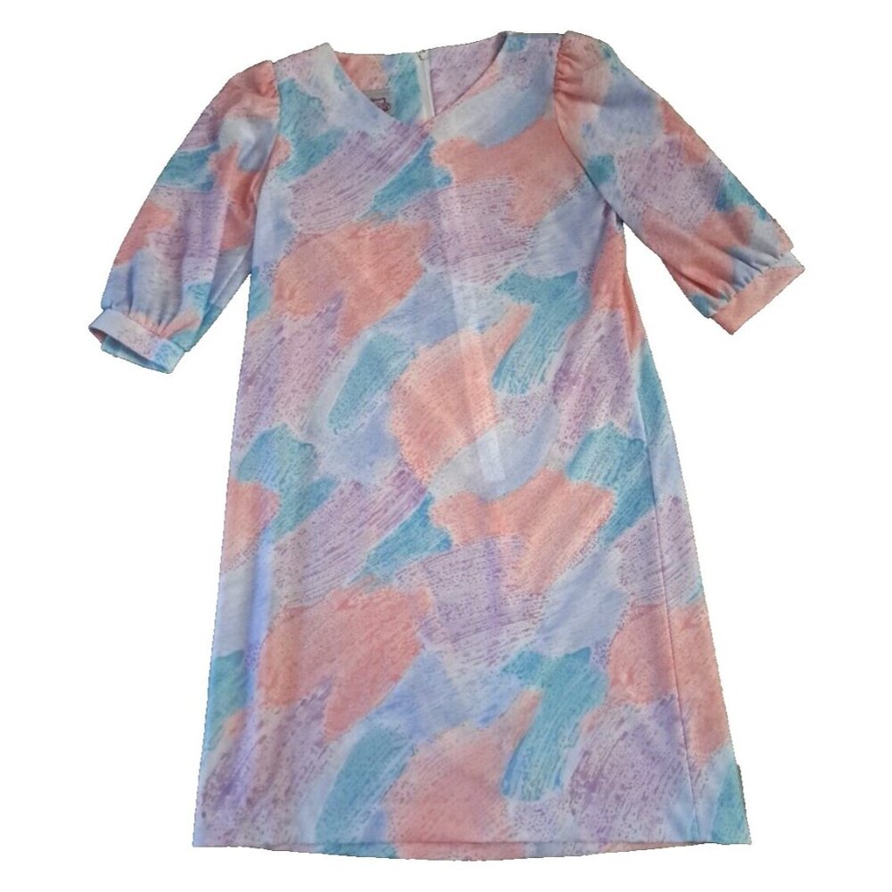 Vintage Womens Shift Dress Pastel V Neck Half Sleeves California Looks 12